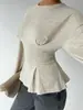 Moda europeia e americana transfronteiriça, top plissado justo de manga comprida, novo estilo, disponível na Amazon e em sites independentes, camiseta de gola alta para outono/inverno, roupas femininas