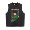 Marca de moda urbana Camiseta de cuello redondo Lavada desgastada Manga corta Estampado de personaje de anime Holgada Oversize Manga larga