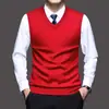 Colete de lã com decote V, malha de outono, cor sólida, camisa base casual para homens de meia-idade, top sem mangas para homens
