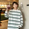Camiseta masculina de manga longa com gola redonda, listrada, solta e versátil, estampa digital, top juvenil para meninas, primavera, outono, inverno