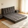 Cama de tecido estilo wabi-sabi com encosto xadrez grosso e fofo, estrutura silenciosa de madeira maciça, cama baú de piso para uso doméstico