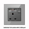 Versão de Hong Kong e Macau Tomada Britânica 13A com Carregamento Rápido USB Tipo-C Padrão Britânico Pinos Quadrados Três Furos Painel de Vidro Cinza