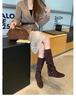 Botas Femininas de Outono Estilo Ocidental Franzidas Fivela Macia Cruzadas Botas de Cano Médio Estilo Cowboy Retrô Não