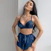 Shorts Lingerie Novo Estilo Europeu e Americano, Conjunto de Três Peças Camisola, Roupa de Dormir de Seda Sintética, Pijama de Cetim com Penas de Outono para Mulheres, Transfronteiriço