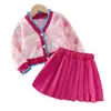 Exportación Transfronteriza Otoño Nuevo Ropa para Niñas y Niños, Conjuntos Energéticos de Tops Rosas de Manga Larga y Faldas Plisadas