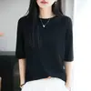 Estilo Elegante Levemente Maduro Gola Redonda Manga Curta Malha de Seda Gelada Camiseta Feminina 2026 Verão Fina Respirável Manga Meia Mão Versátil Camiseta