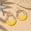 Pendientes de Raffia con Anillo Metálico de Doble Círculo Bohemio Pendientes de Paja Tejidos a Mano de Semicírculo para Mujer Vacaciones en la Playa