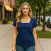 Camiseta cuadrada de manga corta transfronteriza para mujer, nuevo estilo básico casual simple, camiseta cuadrada de color liso estampada