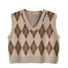 Chaleco con capucha de punto con patrón de diamantes de punto suelto transfronterizo para mujer, ropa exterior de primavera y otoño, chaleco de punto en capas antiguo, chaleco corto de camisola