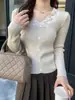 Suéter tejido Andi de terciopelo y encaje con cuello en V y manga larga para mujer, camisa básica elegante de otoño e invierno ajustada