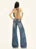 Roupas Femininas de Seda Laranja # Jeans Lavado Azul Escuro com Botão Duplo, Micro Flare Feminino para Outono, Calça Solta e Emagrecedora, Comprimento até o Chão que Não Gruda nas Pernas