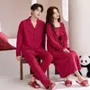 [100% Algodón] Nueva colección de otoño: pijamas de pareja rojos, camisón de noche de bodas de manga larga para mujer y ropa cómoda para estar en casa para el año de nacimiento
