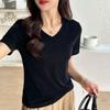 Camiseta básica feminina de manga curta com decote em V profundo Triacetic acid, fina, para o verão 25, solta, com temperamento, versátil para o trabalho