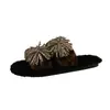 Pantuflas de felpa de moda para otoño e invierno al aire libre con estampado de leopardo y fuegos artificiales, pantuflas de una tira con pedrería, pantuflas de algodón, pantuflas peludas para mujer