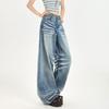 Pantalones de Mezclilla Blancos Lavados Estilo Retro Americano Sin Costuras Laterales, con Diseño de Bigotes Tridimensional y Estampado de Petardos, Corte Holgado, Jeans de Pierna Ancha Adelgazantes