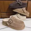 Novidade de Inverno Sandálias Birkenstock de Couro Genuíno com Solado Grosso para Mulheres Fivela de Metal Forradas com Pelúcia Quentes Bico Fechado Sandálias de Pelo para Uso Externo