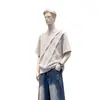 2026 Novo Estilo de Verão Masculino Design Irregular Desconstruído Plissado Camiseta de Manga Curta Top Masculino