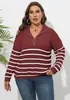 Suéter Feminino Novo Estilo Transfronteiriço Europeu e Americano Tamanho Grande Feminino Tricô Listrado Patchwork Gola Alta com Zíper Solto Suéter Tecido