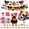 En existencia, vajilla de cumpleaños con temática de Minnie Mouse, suministros para fiestas, mantel, plato de papel, bandera para tirar, paquete de decoración de vasos de papel de seda