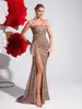 Estilo Nuevo Europeo y Americano Vestido de Noche con Tirantes de Lentejuelas Color Champaña Corte Ajustado Abertura Anfitrión de Banquete Fiesta Anual Vestido de Sirena de Lujo Ligero