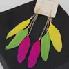 Brincos de penas fluidas estilo boêmio europeu e americano, nicho retrô, novo estilo, brincos étnicos com franjas e blocos de cores, atacado.