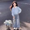 Conjunto de Chicas 2026 Estilo Universitario Top con Cuello Polo Jeans con Lazo Conjunto de Dos Piezas de Moda Tendencia