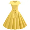 Fuente del fabricante 2019eaby En stock Venta caliente Verano Retro Cuello en V Manga Corta Color Sólido Casual Vestido de Baile Grande
