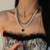 Preto Amor Costura Pérola Dupla Camada Colar Nicho Feminino Luz de Luxo ins Estilo Frio Hot Girl Pingente Doce Cool Clavícula Cadeia