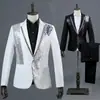 Conjunto de terno de performance para estúdio fotográfico, terno preto e branco com strass coloridos, traje formal para apresentador, roupa de palco masculina moderna para cantor
