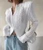 Chamarra Suéter Coreana para Mujer Cuello Alto Cremallera Tejido de Cable Hombro Acolchado Nuevo Cardigan Tejido
