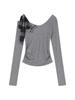 Camiseta Top de Capa Base Interior de Manga Larga para Mujer Otoño Nicho Ajustada con Lazo Irregular Gris con Cordones en el Hombro
