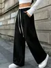 Exclusividad transfronteriza: Nuevos pantalones de pierna ancha color block con cintura de cordón, tiro alto, plisados y fluidos, estilo casual, disponibles para dropshipping
