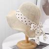 Chapéu de sol Hepburn Wave Dot Bow Seaside Holiday Proteção solar de verão e guarda-sol Chapéu de pescador Chapéu de palha feminino Wave Edge
