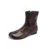 Botines Cortos de Piel de Vaca de Primera Capa para Mujer Tacón Bajo Botas de Moda Otoño Invierno Nuevas de Cuero Genuino Punta Redonda Cremallera Lateral Cómodos Botines Cortos para Madre Mujer