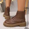 Botas Martin de Cor Sólida com Solado Grosso para Mulheres, Estilo Britânico, Novo Estilo Outono e Inverno, Sola Plataforma Europeia e Americana, Botas Curtas com Cadarço Frontal de Salto Baixo para Mulheres