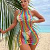 Europeu e Americano Sexy Rainbow listrado oco Sexy Underwear Mulheres praia vestido biquini Hip Mesh Dress Cover