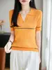 2026 Primavera y Verano Nuevo Estilo Seda de Hielo Cuello Solapa Tejido Manga Corta Mujer Bloque de Color Canalé Suéter Camiseta Base