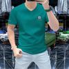 Camisa de verano 2025 para hombre, de media manga, con cuello en forma de corazón de pollo, de seda y algodón, moderna, con cuello en V y diamantes de imitación, de manga corta, informal, ajustada.