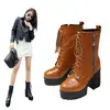 Botas Curtas com Cadarço na Frente Femininas Grossas Outono e Inverno Salto Alto 0 Botas Martens Botas Femininas wish202 Zíper Lateral Comércio Exterior