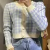 Cárdigan de punto corto de manga larga a cuadros con cuello redondo para mujer, nuevo abrigo corto de otoño estilo coreano, suéter a cuadros