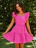 Vestido Corto Rojo Rosa de Verano 2026 Estilo Nuevo Cuadrado con Volantes Manga Corta Ceñido a la Cintura Transfronterizo Europeo y Americano