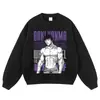 Sudadera con capucha lavada y efecto desgastado con estampado de anime, sudadera con capucha oversized vintage desgastada, sudadera con capucha de cuello redondo sin cierre