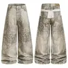 Pantalones casuales de estilo retro americano, estampado de leopardo integral, color block para hombre, nueva colección otoño 2026, pantalones de pierna recta lavados y desgastados