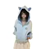 Moletom Patchwork Xadrez Azul Claro Estilo Coreano com Bordado de Dachshund para Mulheres, Jaqueta Cardigan Solta Chic Estilo Preguiçoso para Primavera e Outono