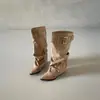 Botas de Equitação de Cano Alto com Fivela Retro para Mulheres 2026 Primavera/Outono Novo Cáqui Bico Fino Salto Bloco Elegantes Botas Longas
