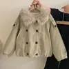 Conjunto de Duas Peças para Meninas Outono e Inverno 2025 Novo Estilo Jaqueta Acolchoada Quente Zuo Shan Diao com Gola de Pelo e Calça com Forro de Fleece