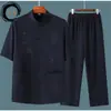 Conjunto de Duas Peças de Manga Curta Estilo Tang para Homens de Meia-Idade e Idosos com Bordado Tradicional de Dragão Chinês, Roupa Casual de Verão para o Pai, Roupa para Idosos