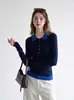 Suéter de malha interno de alta qualidade com gola polo azul marinho de cor contrastante para mulheres, primavera e outono, temperamento preguiçoso, moderno, macio e aderente, base 9208