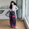 Calça Jeans Feminina Primavera e Outono 2026 Novo Estilo Americano Casual Graffiti Perna Larga Longa para Crianças Maiores Transfronteiriça