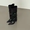 Primer Encuentro Ji Punta Fina Hebilla de Cinturón de Metal Remaches Botas Vaqueras Occidentales Retro Tacones Altos Jinete Chica Picante Piernas de Bota Alta